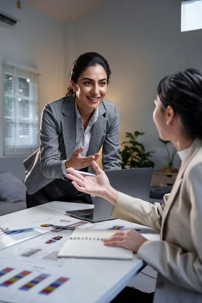 Career coaching discussion with a tablet in a professional setting