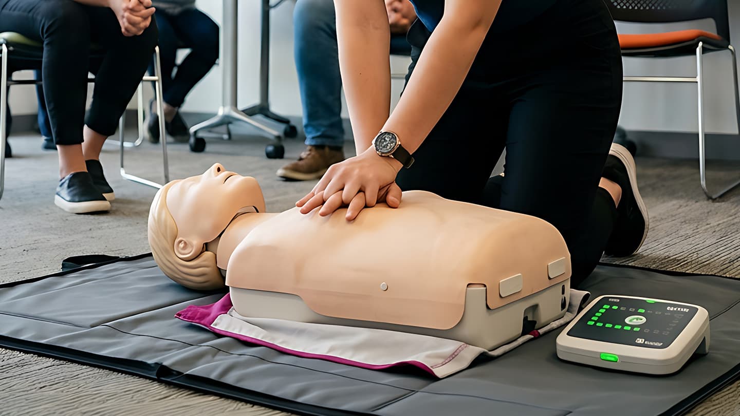 Learner practising chest compressions with an AED trainer